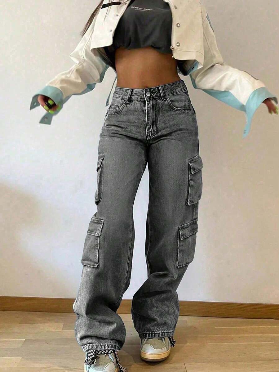 Women's Y2K Multi-Pocket High Waist Straight Leg Denim Cargo Pants - Light Grey - View 1