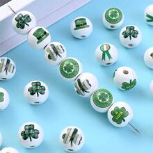 4Amazonia 50pcs/Set St. Patrick's Day Wooden Beads, Green Wooden Spacer Beads, Rustic Polished Round Beads, DIY Crafts, Wreath, Party Decorations