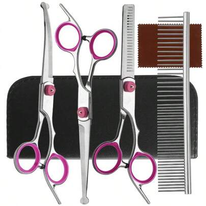 Pet Grooming Scissors Kit Suitable For Dogs & Cats - Complete Grooming Set With Thinning Shears, Curved Scissors & Comb - Blades, Cold-Treated For Durability, Professional & Use