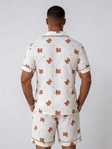 Snug League 2 Pieces Set, Men's Star & Moon Bear All-Over Print Short Sleeve Shorts Pajama Loungewear Set - Beige - View 2