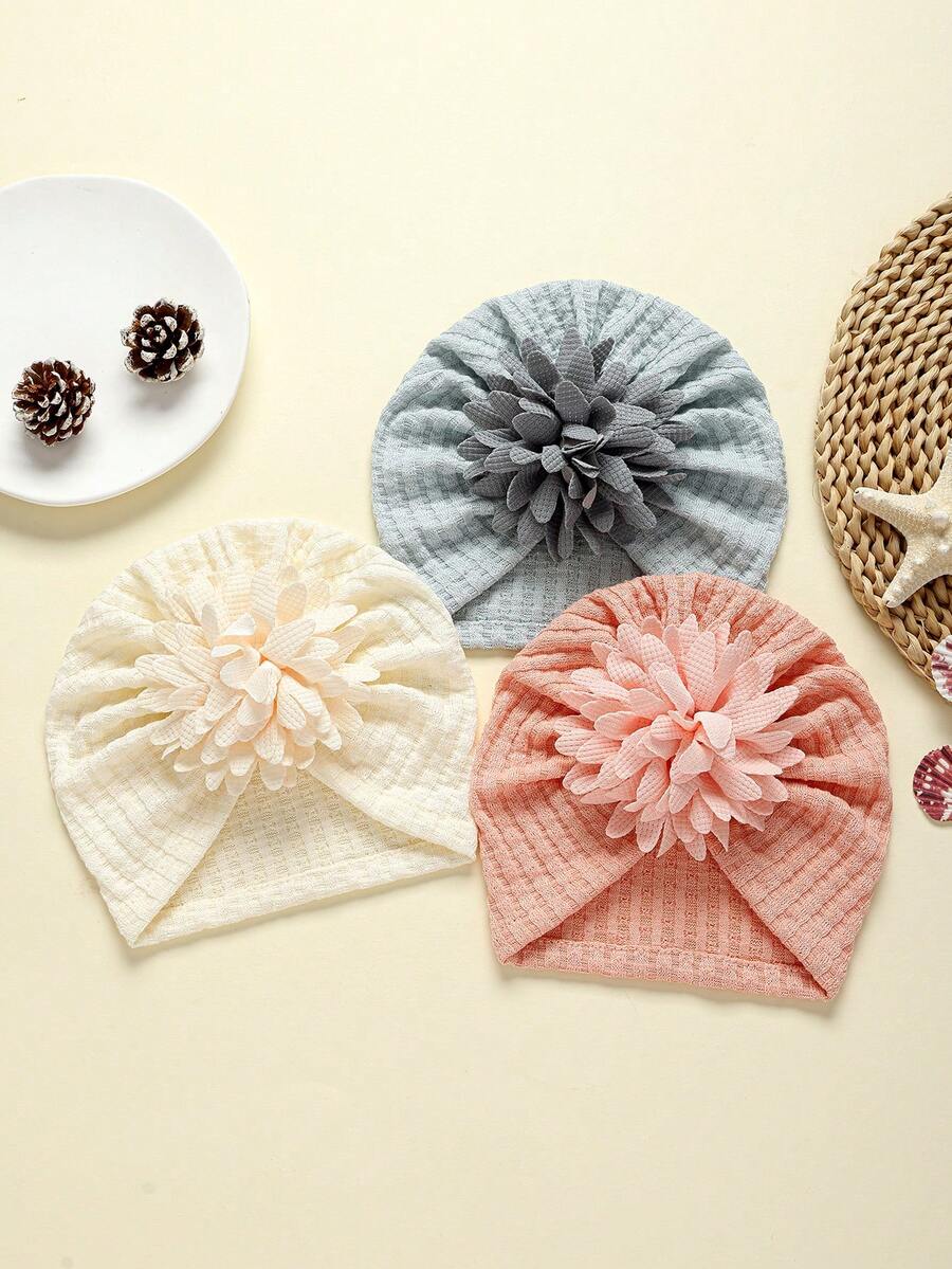 3件套多色可爱针织婴儿帽，花卉图案，精美礼品及拍照道具，四季皆宜 - 彩色 - 查看 1