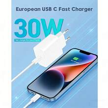 30W USB-C Power Adapter With EU Plug, Includes 3.3FT/100CM High-Speed USB C To Lightning Cable, Charging Kit Compatible With IPhone 14 Pro Max/14 Pro/14, 13 Pro Max/13 Pro/13, 12, 11, XS, X, XS Max, IPad Series - EU C Type Plug(220-240V) - View 4
