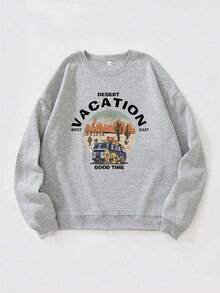 女士休闲长袖圆领卫衣，印花图案，柔软舒适面料，可机洗，春秋季上衣，套头连帽衫，时尚宽松版型 - 淺灰色 - 查看 2