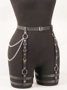 Pu Leather Thigh Garter Belt Leg Harness, Punk Thigh Harness Belt, Punk Rave Outfit Belt. - Black - View 3