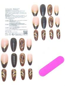 24pcs Brown Leopard Almond Shaped 3D Gold Metallic French False Nails, Suitable For Birthday Party, Comes With Jelly Gel And File, Reusable - Brown - View 3