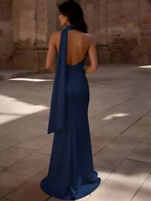 Basrey Vestido de noche azul marino de cuello alto, cintura alta, ajustado, espalda descubierta, ajustado, con cola de pez, adecuado para banquetes formales, bodas, fiestas, San Valentín y otras ocasiones. Fiesta - Azul Marino - Ver 3