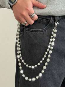 1pc Plain Rhinestone Pearl Dual Chain Punk Style Pants Chain Keychain, Waist Decor Suitable For Gifts, Parties, And Daily Wear - Bạc - Xem 7