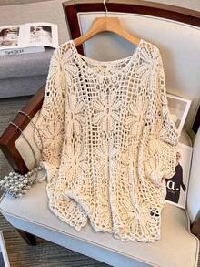 Jumpers For Women Women's Floral Openwork Round Neck Batwing Sleeve Loose Knit Top, A Knit Pullover For Spring, Summer And Autumn, Suitable For Beach Vacations And Travel - Apricot - View 2