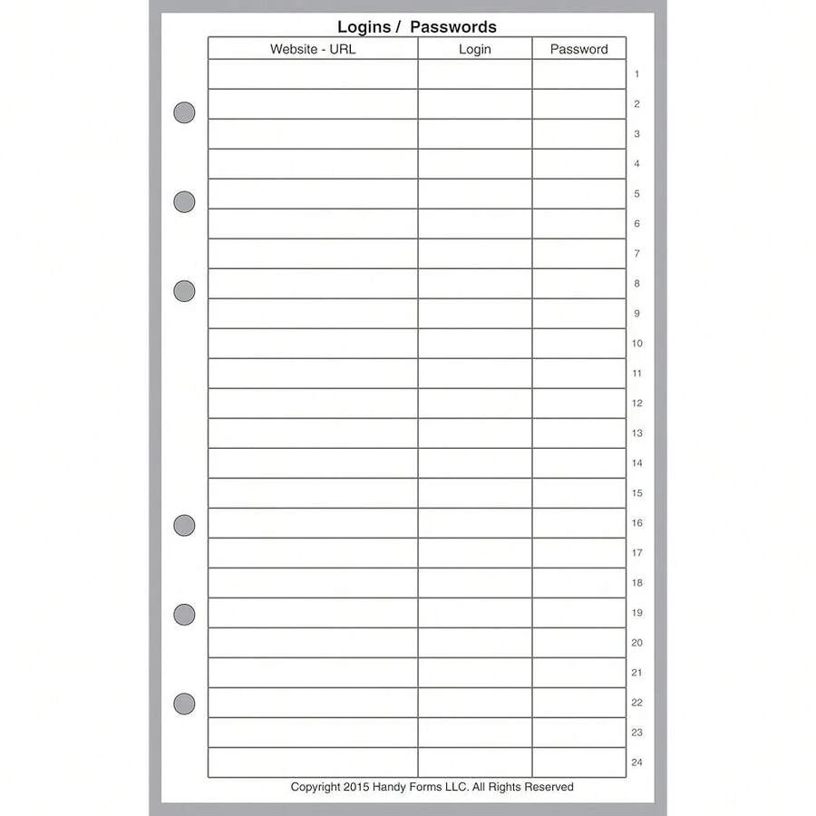 Compact Size Login Password List, Sized And Punched For Franklin Covey Compact And Other Notebooks (4.25\ X 6.75\) - LoginPasswordList - View 1