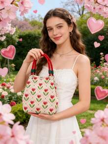 [XZck] Fashionable Knitted Bucket Handbag, Heart Pattern Design Tote Bag, Lightweight Foldable Handbag With Unique Design To Stand Out During Holidays, Great Gift For Girlfriend, Valentine's Day Gift - Multicolor - View 12