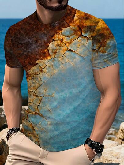 复古男士T恤，抽象几何印花，休闲短袖T恤，时尚宽松版型，适合海滩度假穿着