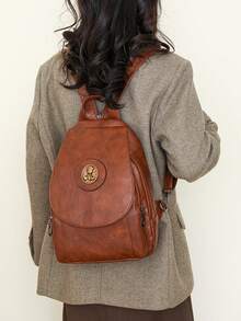 Women's Elegant Flap Shoulder Bag PU Leather Top-Handle Chic Backpack With Multi Zipper Pockets For Daily Use And Dating Events - màu nâu - Xem 2