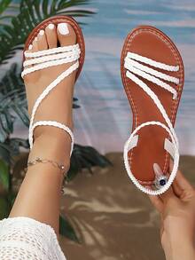 Women's Fashion Summer Brown Woven Holiday Birthday Party Gift Solid Color Casual Outdoor Flat Sandals - White - View 1