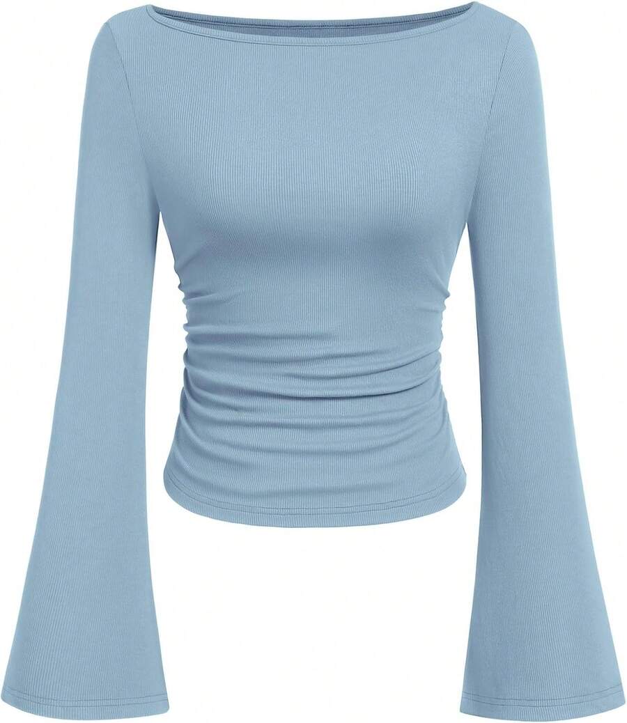 Womens Long Sleeve Shirts 2026 Spring Crop Going Out Tops Casual Boat Neck Sleeve Ribbed Ruched Y2K Clothes - Light Blue - View 1