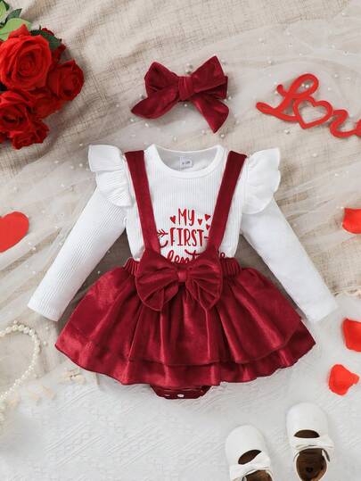 2pcs Baby Girls Cute Fashion Casual Long Sleeve Flare Sleeve Ribbed Fabric Valentine's Day Letter Print Bodysuit + Red Coral Fleece 3D Bow Decor Double Layer Suspender Skirt Set With Headband, Spring/Summer