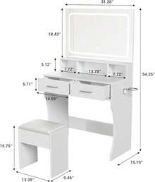 Mesa de tocador con espejo, luces LED y enchufe para estación de carga de maquillaje, 2 cajones, estantes abiertos, 3 modos de color, brillo ajustable, mesa de maquillaje para dormitorio - Blanco - Ver 2