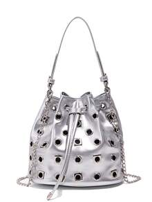 Damen Nieten Eimer Tasche, Handtasche, Umhängetasche, Umhängetasche, Abendtasche mit Magnetverschluss. Quadratisches & rundes Nieten Design, Punk Stil Unterarmtasche mit abnehmbarem Schultergurt, geeignet für Dates, Pendeln, Schule, Reisen, Einkaufen, Essen gehen - Silber - Übersicht 8