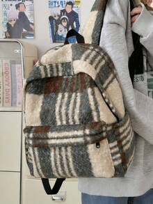 Women's Functional Backpack, British Style Bookbag, Retro Plaid Wool Felt Backpack, Versatile For Students And Daily Use - Green - View 7