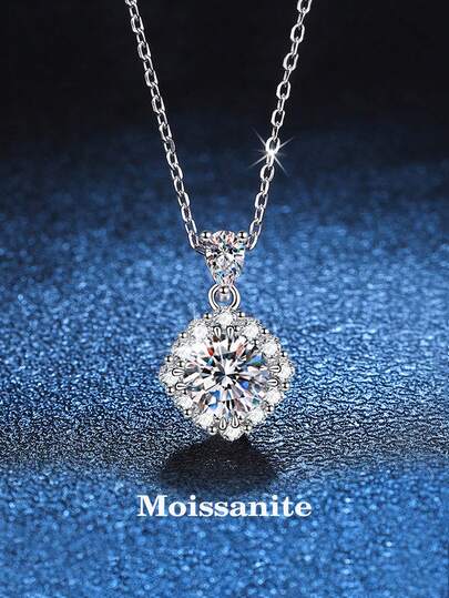 BLOVEMEE 1pc Elegant 925 Sterling Silver 1 Carat 6.5mm Moissanite Necklace, Suitable For Women's Daily Wear, Party, Holiday, Valentine's Day, Mother's Day, Birthday, Wedding Anniversary, Women's Jewelry Gift