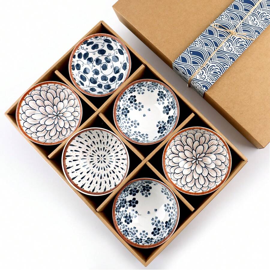 Hexagon Weave Design Ceramic Bowl Set Of 6, Japanese Style Rattan Pattern 4.6-Inch Bowls With Gift Box - Microwave & Dishwasher Use, Ideal For Ramen, Sushi, Salad, Dessert, Housewarming Gift, Holiday Serving - 彩色 - 查看 1