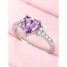 1 Pc 18K Gold Plated Stainless Steel Natural Amethyst CZ Heart Ring Fashion Wedding Jewelry For Women Valentine Mother Day Best Friend Gift - 紫色 - 查看 1