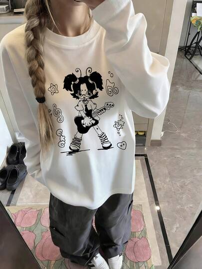 1pc Women's Casual Loose Fit Cartoon Print T-Shirt, Cute Pattern, Round Neck, Daily Versatile, Spring/Autumn