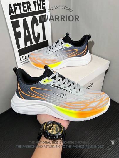 WARRIOR 1 Pair Men's Sporty Sneakers, Breathable Lightweight Mesh Patchwork Bright Color Low-Top Casual Sports Shoes