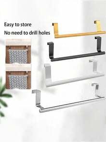 1pc Stainless Steel Towel Bar, Bathroom Door Mounted Towel Rack, Bathroom Accessories, No Drill Cabinet Door Mounted Cloth Towel Holder, Single Bar Cabinet Door Mounted Towel Rack - Multicolor - View 3
