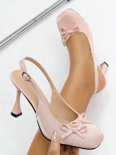 Women's High Heel Round Toe Fashion Pink Bow Backstrap Open Heel Pumps