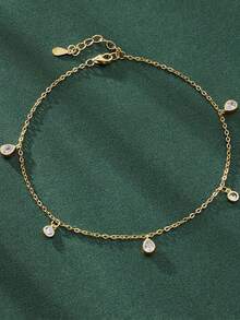 1件S925纯银优雅水滴形和圆形吊坠脚链，百搭度假佩戴及女士礼物 - 水滴 - 查看 3