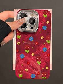 1pc Fashionable Red Floral Full-Screen Protective Case Compatible With Apple 17 Pro Max, New Design Compatible With IPhone 16 Pro Max, Personalized 15 Plus, Compatible With IPhone 14, 13, 12, 11 With Lens Protection - Red - View 3