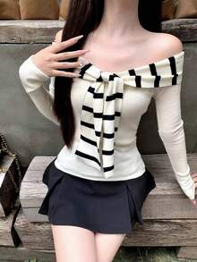 甜美女孩条纹撞色露肩长袖毛衣，女士早春服装 - 杏色 - 查看 6