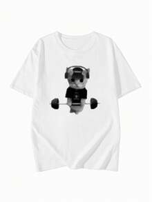 1pc Women's Casual Loose T-Shirt, 2026 Spring/Summer New Design, Pixel Graphic Cute Cat Print, Versatile Round Neck Top For Daily, Student Wear - White - View 4