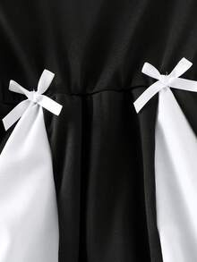 1pc Girls Casual Collegiate Style 3D Bow Patchwork Waist Flare Sleeve Dress, Summer