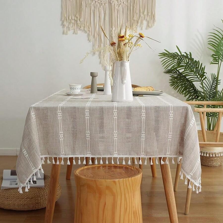 Gernaice Rustic Stripe Embroidered Tablecloth Heavy Tassel Small Rectangle Cotton Linen Table Cloth Wrinkle Free Washable Table Cover For Coffee Living Room Sofa Table Brown 36x55 Inch - 棕色 - 查看 1