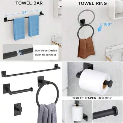Toilet Roll Holder And Towel Rail Set 4 Pieces Black Bathroom Accessories Set Metal Bathroom Hardware Set Includes 24″ Black Towel Rail Toilet Roll Holder Towel Ring And Wall Hook