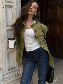 Women's Khaki Bomber Jacket, Casual Long Windbreaker For Autumn/Winter, Button-Up Long Sleeve Street Style Outerwear - Olive Green - View 2