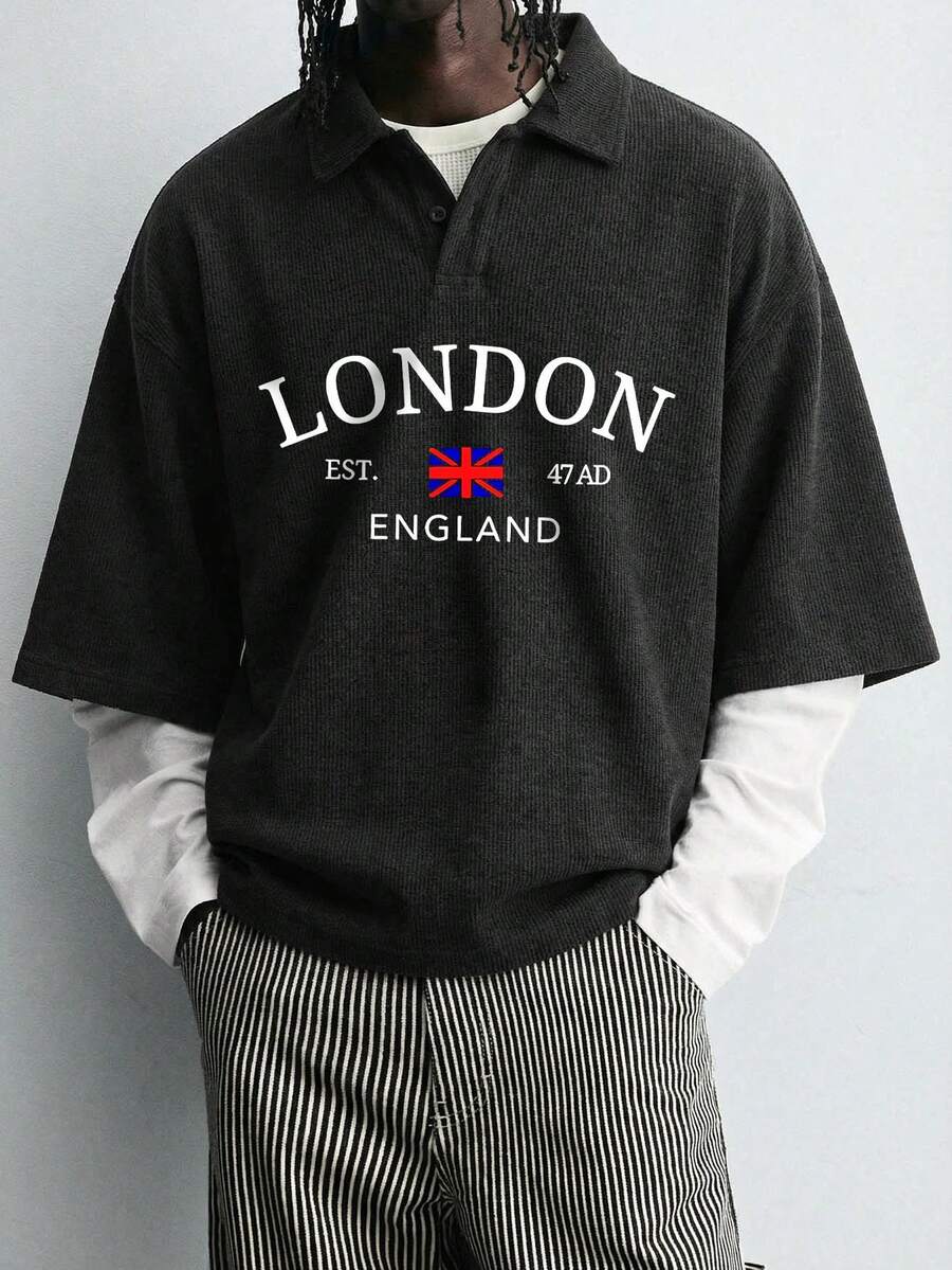 “花卉字体”男士夏季华夫格雪花图案 Polo 衫 - 黑色 - 查看 1