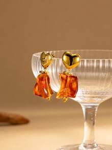 1 Pair 18K Gold Plated 316L Stainless Steel Heart Top With Brown Amber Resin Irregular Drop Dangling Earrings For Women, Old Money Style, Anti - Fade Hypoallergenic Fashion Jewelry Gift - Gold - View 4