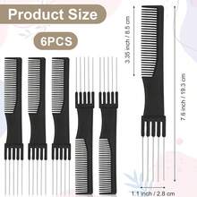 沙龙级美发梳 黑色 3/6 件装 手工理发梳 碳纤维提拉蓬松梳 带不锈钢金属齿 - 黑色 - 查看 4