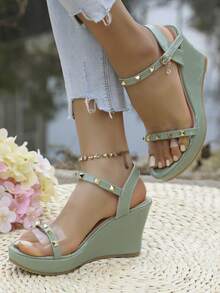 女士纯色厚底轻便凉鞋，一脚蹬设计，奢华时尚，2025夏季新款舒适休闲女鞋，适合旅行、外出和正式场合。 - 橄欖綠 - 查看 3