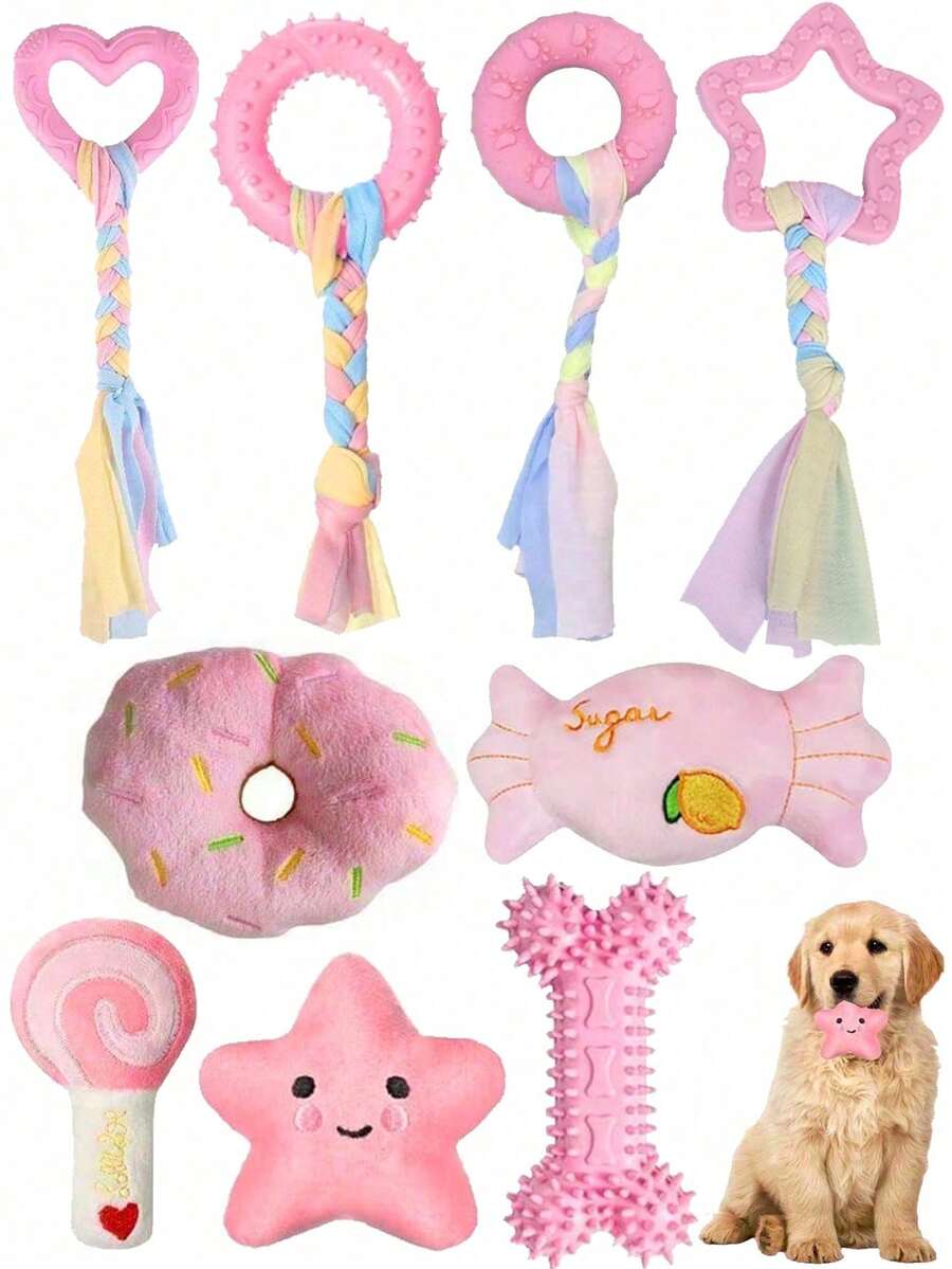 Puppy Toys, Happy Puppy, Puppy Teething Toys, Valentine's Day Gift, Birthday Gift, Puppy Feeding, Dog Supplies, Dog Accessories, Small Dog Chew Toys, Pink Puppy Toys, Featuring Soft Rubber Balls And Colorful Ropes, Durable And Easy To Clean, Interactive Accessories Suitable For Small Dogs (Pink) - Multicolor - View 1
