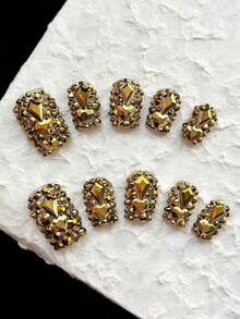 Y2K方形美甲，手工制作，透明甲片，金色水钻，闪亮全覆盖3D设计 - 全覆盖DIY闪光人造指甲，适用于派对、户外、海滩、日常、节日、聚会、工作和特殊场合 - 10片/包 - 金色 - 查看 5