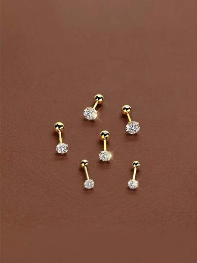 6颗/12颗纯铜立方氧化锆耳钉，时尚四爪超闪亮耳骨耳钉，金色螺旋耳背耳钉，适合睡觉佩戴，无需摘下即可佩戴于耳洞