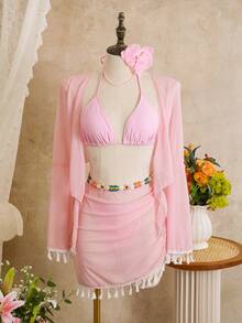 2026新款欧美优雅性感可爱休闲系带露背沙滩/晚宴/约会套装，4件套，夏季 - 淺粉色 - 查看 3