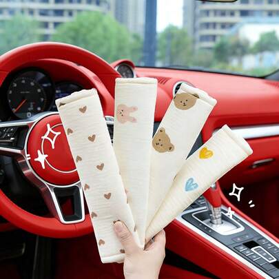 1pc Cartoon Bear Rabbit Seat Belt Shoulder Cover, High-Quality All Season Universal Cotton Yarn Comfortable Car Anti Lock Seat Belt Shoulder Cover Seat Belt Cover Car Accessories