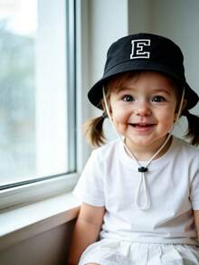 1顶A-Z字母印花遮阳帽，男女童通用，宽檐户外防紫外线帽，带下巴系带 - 黑色 - 查看 3