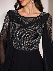 YISIKADO Rhinestone Chiffon Evening Dress Modest Round Neck Lantern Sleeve Luxury Formal Women Dresses For Wedding Guest Birthday Prom Party Black - Black - View 7