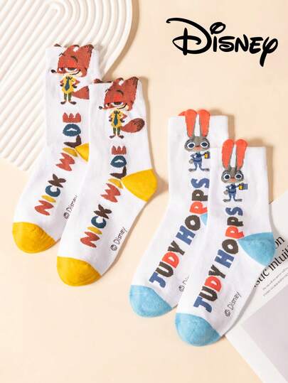  2/1 Pair Disney Zootopia Themed Women's Crew Socks, Cute Cartoon Unique Disney Nick Wilde Pattern, Odor-Resistant Breathable Casual Sporty Crew Socks, Suitable For Students/Adults As Gifts Or Daily Use, Couple Matching