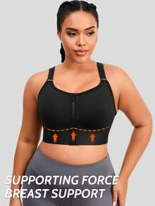 1pc Plus Size Women Sports Bra, Front Zipper Closure, Lift & Support, Casual Wear - Black - View 4